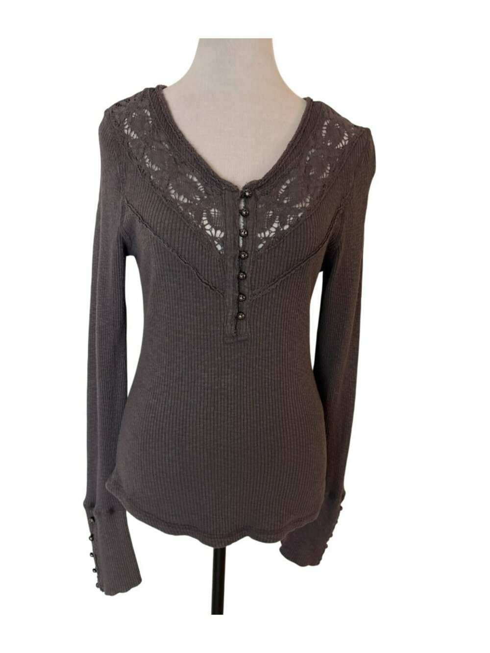 Free People Come On Over Dusty Purple Henley Top Long Sleeve Size L OB1210353